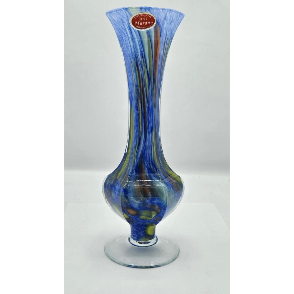 Murano Lavorazione Arte Italy Multicolor Blue/Yellow/Orange Hexagon Shape Vase